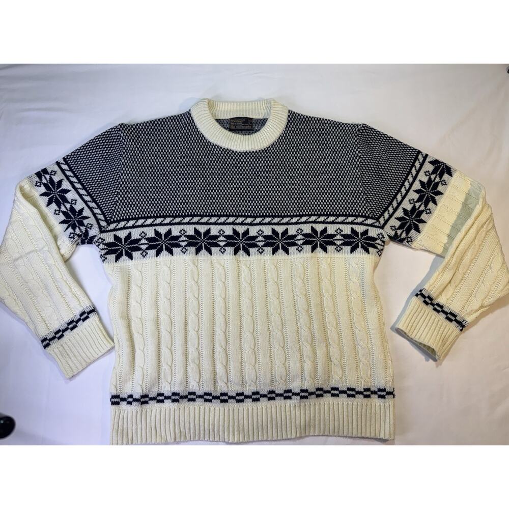 Vintage 80s JCPenney Men's Large Ivory Cream Fair Isle Nordic Knit Ski Sweater